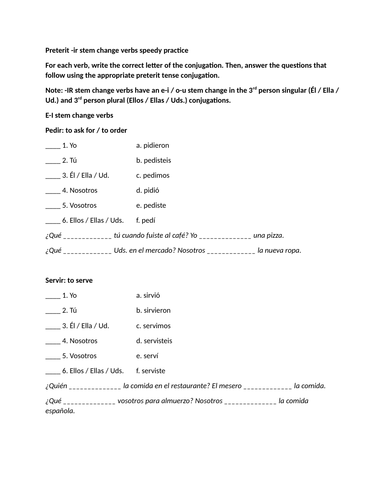 Preterit -ir stem change verbs speedy practice