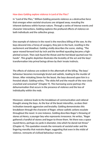Violence in Lord of the Flies Grade 9