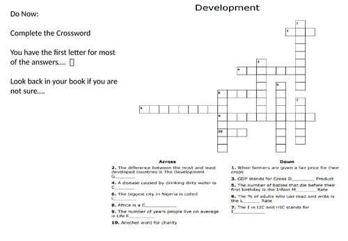 Year 8 Development Crossword Teaching Resources