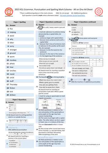 2023 KS1 SATs Grammar, Punctuation and Spelling Test Mark Scheme on a Page