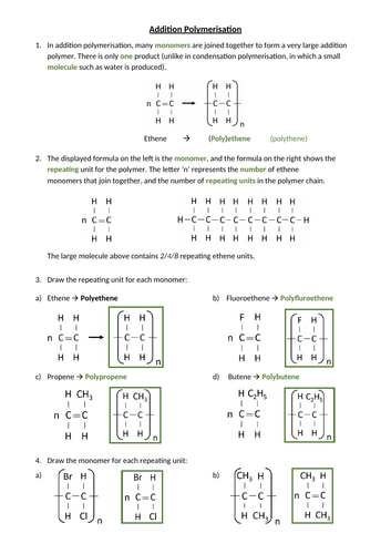 Addition and Condensation Polymerisation Worksheets with Answers
