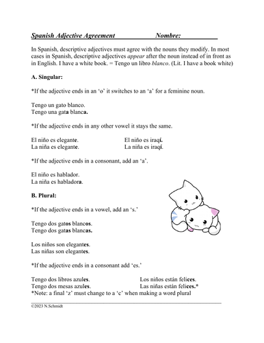 Spanish Adjective Agreement Handout + Worksheet (adjetivos)