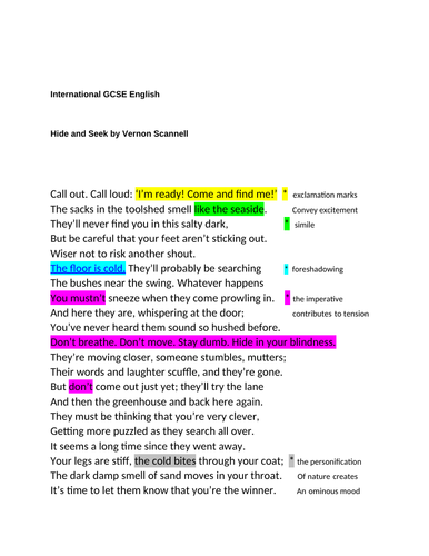 Teaching Resource iGCSE ENGLISH LITERATURE "Hide and Seek" poetry anthology