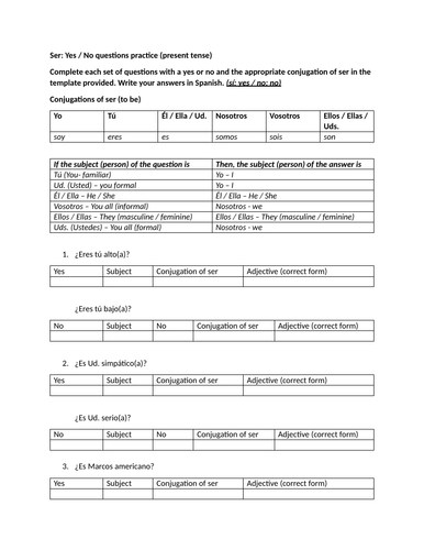 Ser: Yes / No questions practice (present tense)