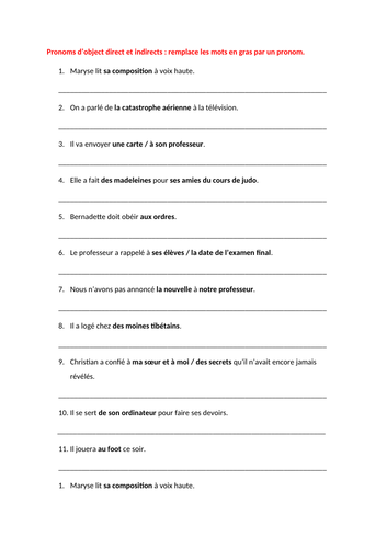 Pronoms/Pronouns (direct, indirect, emphatic, y/en)