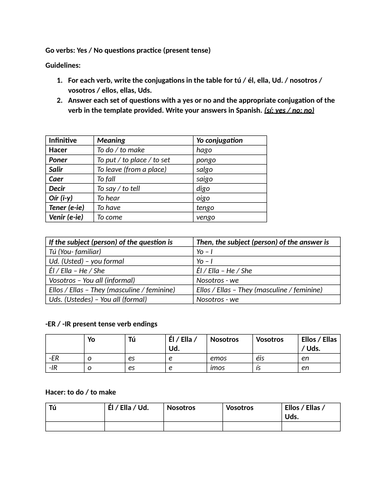 Go verbs: Yes / No questions practice (present tense)