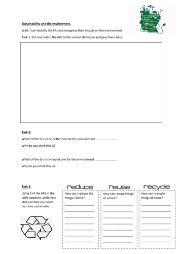 Sustainability & 6Rs cover worksheet and resources