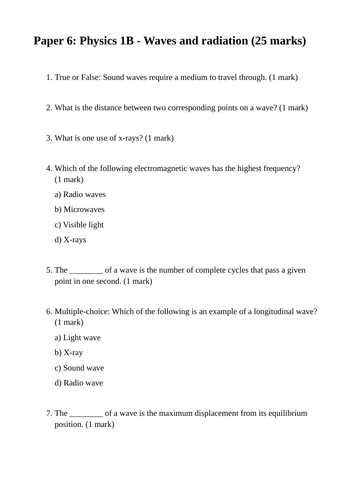 Entry Level Science Curriculum Paper 6 Physics 1B MCQ - Waves and radiation