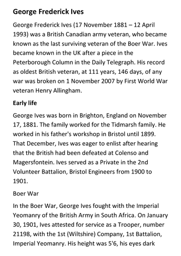 George Frederick Ives  - The Last Boer War Survivor Handout