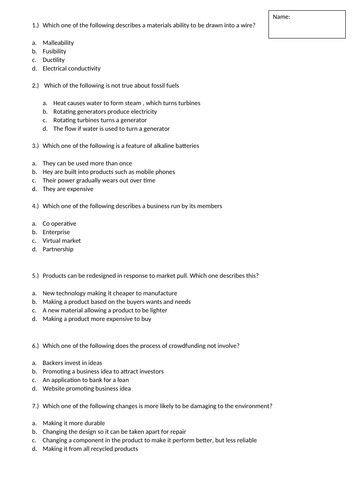 GCSE AQA Product design practice questions / revision