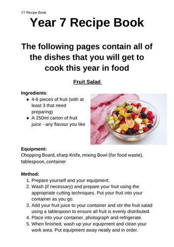 Year 7 (Y7) food recipe book