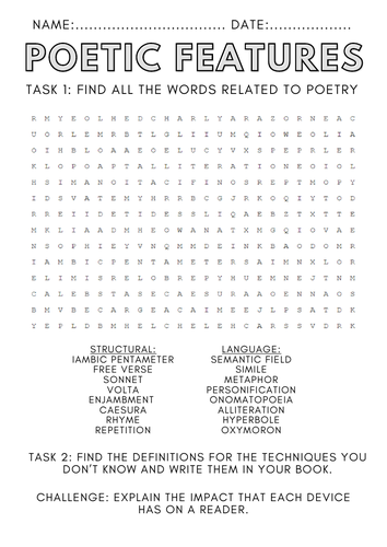 Poetry Features wordsearch worksheet