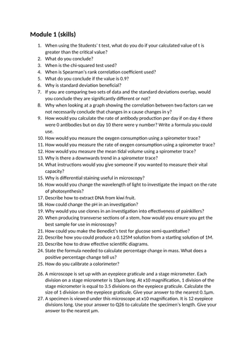 Module 1 recall questions for OCR A level Biology