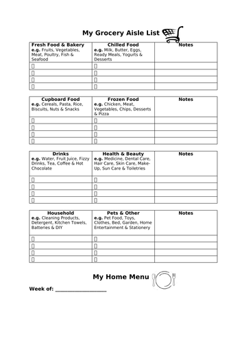 Meal Planner and Grocery List Worksheets