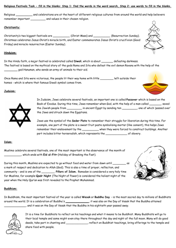 Y7 RE: Festivals Summary Lesson (Full Lesson and Worksheets)