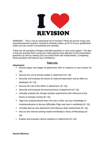 Revision Resources for AQA Psychology - Attachment