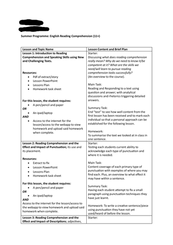 16 Week Lesson Plan Outlines for 11+ Reading Comprehension (no class content)