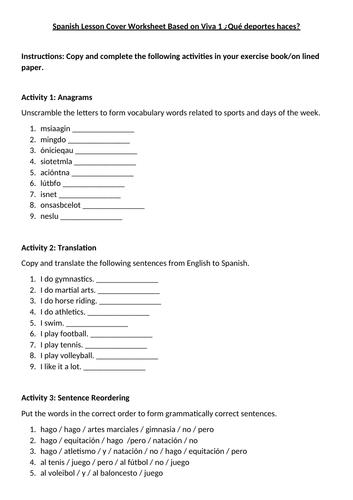 Spanish Cover Lesson Loosely based on Viva 1 pp 38 + 39 What sports do you do? ¿Qué deportes haces?