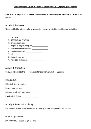 Spanish Cover Lesson Loosely based on Viva 1 pp 32 + 33 "What do you like to do?" ¿Qué te gusta hace