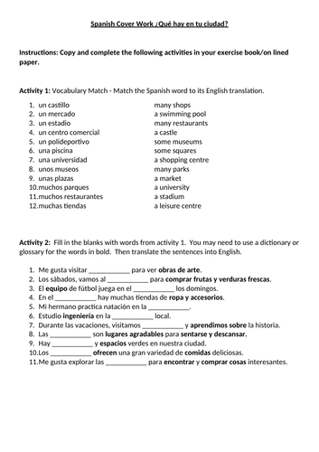 Spanish Cover Lesson Loosely based on Viva 1 pp 104 + 105 "What is there in your city?" ¿Qué hay en