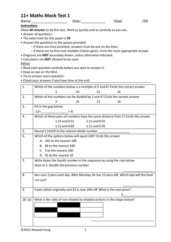 11Plus Mathematics Mock Paper 1