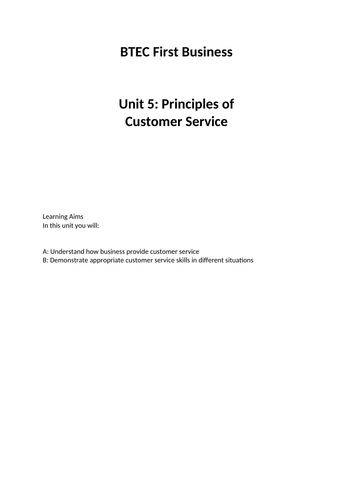 Btec First Award in Business - Unit 5 Customer Service Workbook