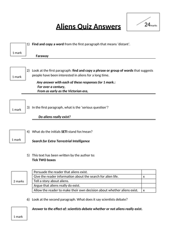 Year 5 and Year 6 Reading Comprehension - Aliens - Fact Vs Fiction