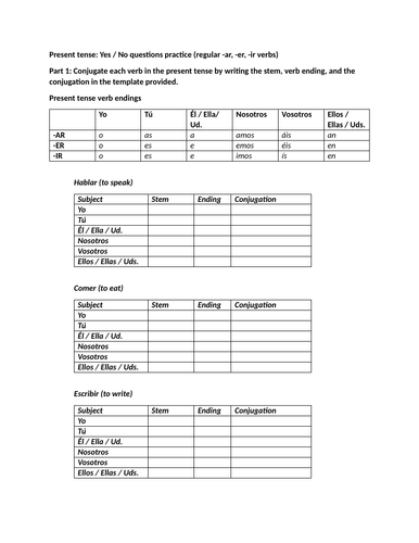 Present tense: Yes / No questions practice (regular -ar, -er, -ir verbs)