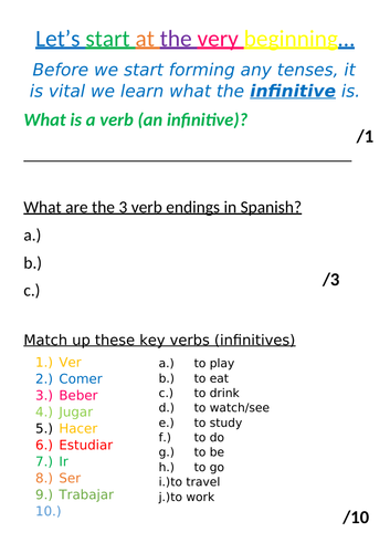PRESENT TENSE BOOKLET - summer holiday Spanish revision