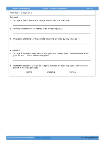 George's Marvellous Medicine - Guided Reading Worksheets only