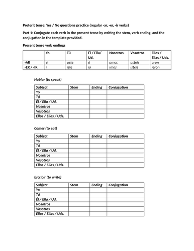Preterit tense: Yes / No questions practice (regular -ar, -er, -ir verbs)