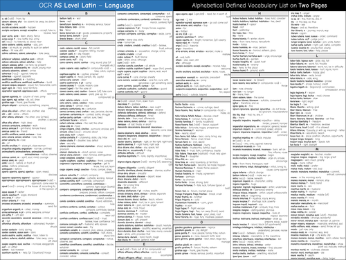 OCR AS Level Latin vocabulary list on two pages