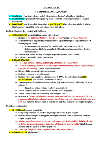 REVISION: Developments in Christian Thought - "THE CHALLENGE OF SECULARISM"