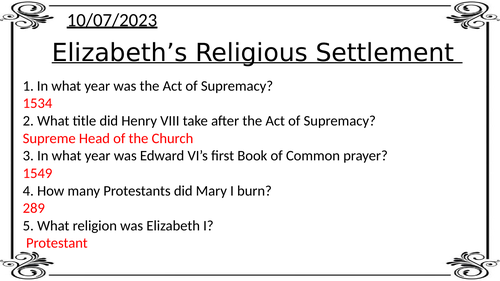 Elizabeth I Religious Settlement- AQA Tudors A-Level