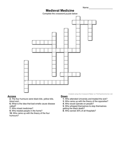 Medicine Revision Crosswords- Edexcel Medicine Through Time GCSE