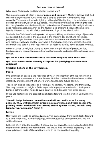 KS4- RS- AQA- War and Peace- Can war resolve issues?