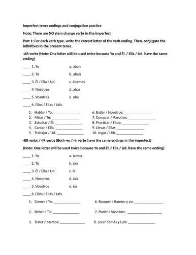 Imperfect tense endings and conjugation practice | Teaching Resources