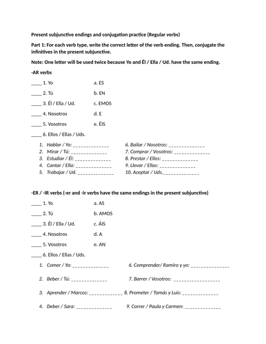 Present subjunctive endings and conjugation practice (Regular verbs)