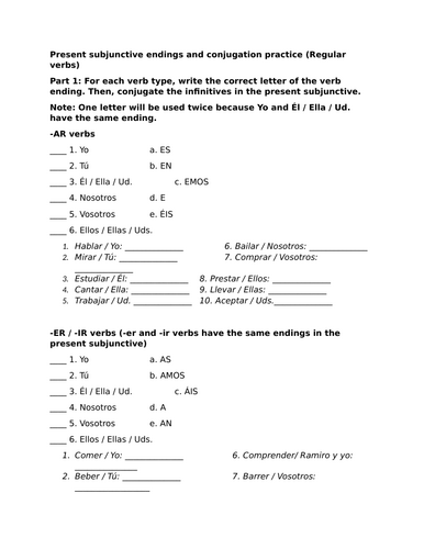 Present subjunctive endings and conjugation practice (Regular verbs)