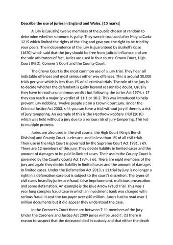 A-Level Law: Juries 10 Mark Essay + Plan + Model - Eduqas English Legal Systems