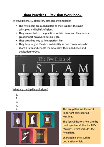 The five pillars, 10 Obligatory Acts and the Shahadah GCSE booklet