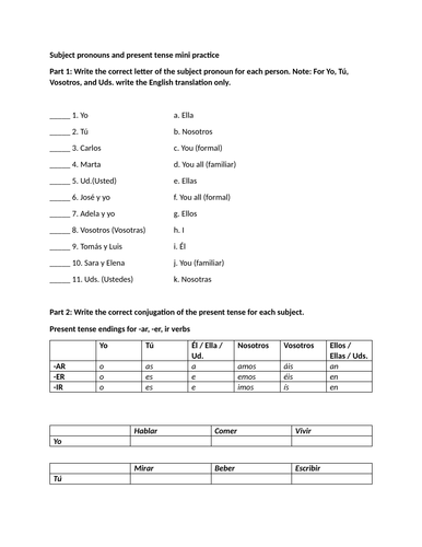 Subject pronouns and present tense mini practice