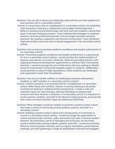 Head teacher possible interview questions and answers (secondary)