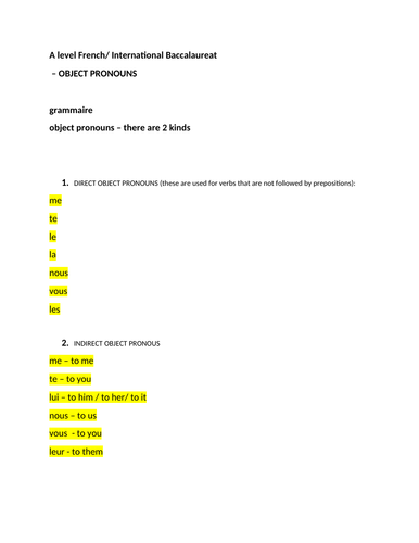 A LEVEL FRENCH revision notes; object pronouns - grammar