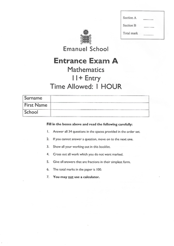 Emmanuel School Maths examination 11+ paper