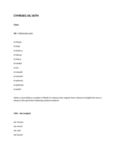 Welsh Language Home School Resource: grammatical rules with 'tri' and 'tair'