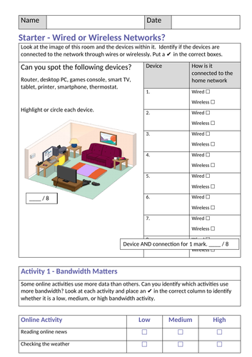 Wired or Wireless Networks Activity Sheet