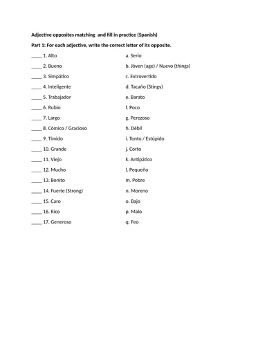 Adjective opposites matching and fill in practice (Spanish)