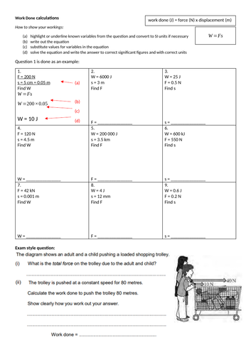 Work Done equation practice