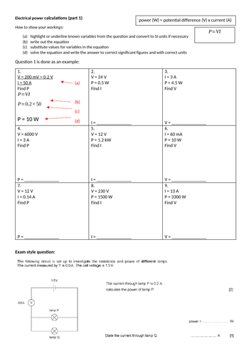 Electrical Power (A) equation practice